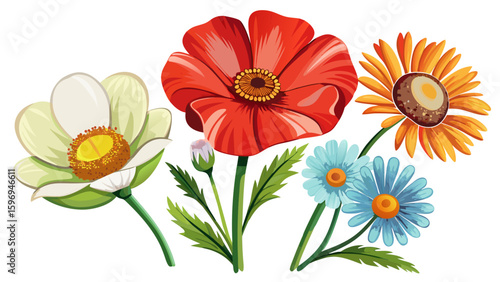 Vector flower icon set brings out classic botanical symbols. Simple flower icons, including poppy and daisy, are shown clearly isolated on white background, suitable for semi-realistic vector illustra