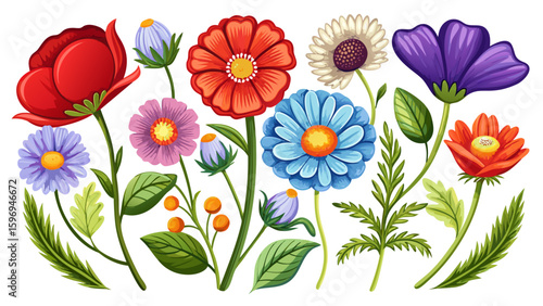 Vector flower icon set brings out classic botanical symbols. Simple flower icons, including poppy and daisy, are shown clearly isolated on white background, suitable for semi-realistic vector illustra