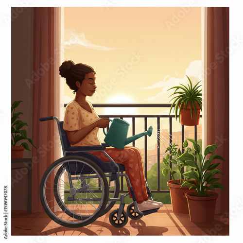 Vector woman in wheelchair watering plants