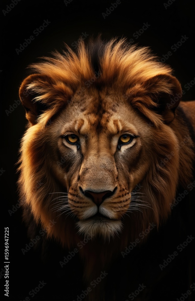 Naklejka premium Dramatic portrait captures majestic lion face with intense gaze. Golden mane frames powerful head. Dark background isolates predator, emphasizing wild nature, strength. Animal kingdom icon, royalty,