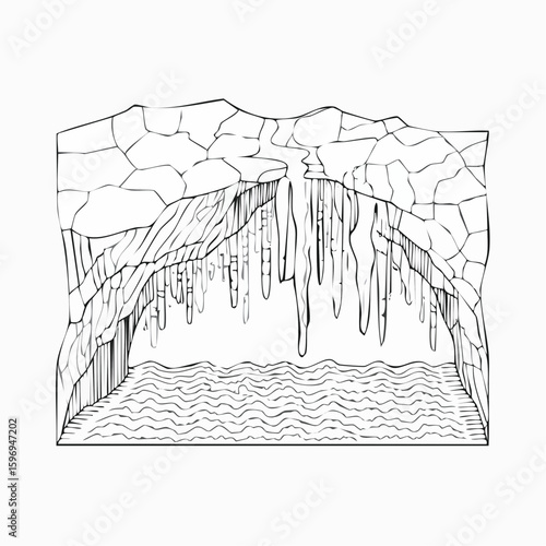 Natural cave interior showing rock layers, dripping formations, and winding chambers, rendered in technical vector style.