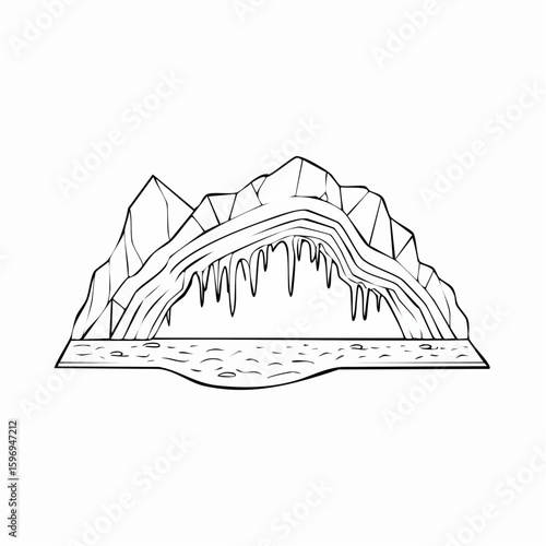 Natural cave interior showing rock layers, dripping formations, and winding chambers, rendered in technical vector style.