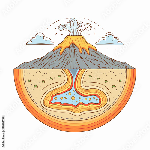 Cutaway of a volcano revealing magma, lava tunnels, and eruption chamber in detailed technical vector style.