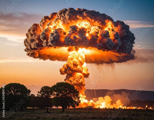 Nuclear Explosion: A mushroom cloud billows in shades of orange and brown.