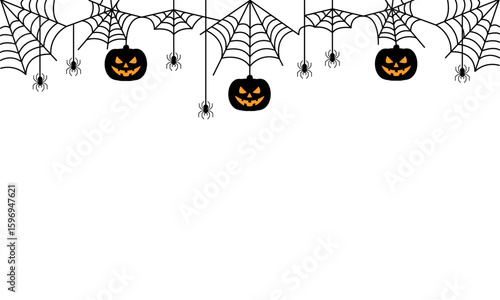 Halloween border with hanging spiderwebs, black spiders, and glowing jack-o'-lantern pumpkins in vector design on white background, perfect for party invitations or spooky-themed decorations