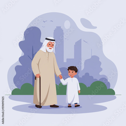 Vector grandfather and boy walking together