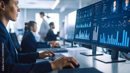 Business Professionals Monitoring Data in Modern Office