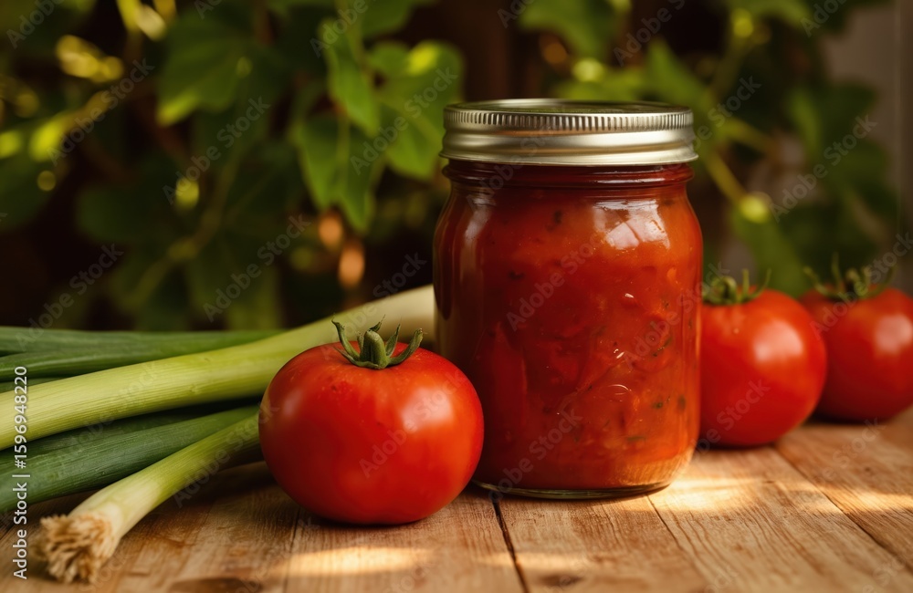 Glass jar filled with vibrant red tomato sauce, surrounded by fresh ripe tomatoes, green spring onions. Homemade, natural, organic ingredients suggest healthy eating, delicious seasonal flavors Glass jar filled with vibrant red tomato sauce, surrounded by fresh ripe tomatoes, green spring onions. Homemade, natural, organic ingredients suggest healthy eating, delicious seasonal flavors