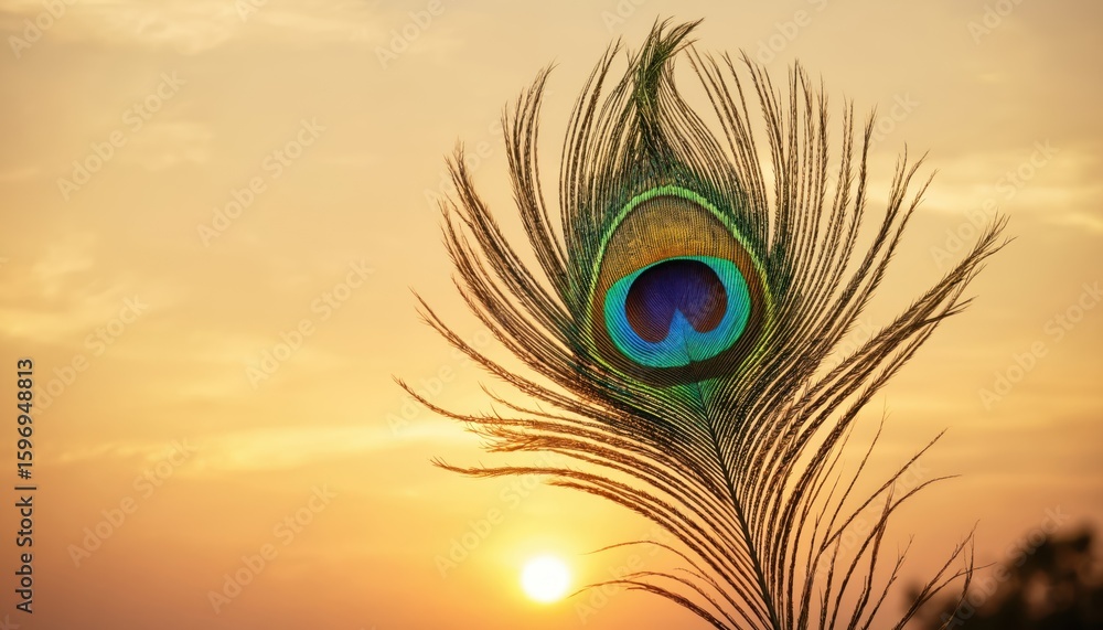 Obraz premium Sacred peacock feather, symbol of Lord Krishna, against a warm sunset sky. Represents Hindu culture, festivals like Janmashtami and Govardhan Puja, and deep religious devotion.