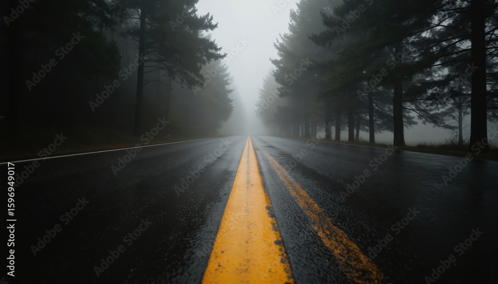 Fototapeta premium Wet asphalt road with yellow center line on a foggy day. Trees line the scenic route disappearing into the mist. The atmospheric perspective creates a vanishing point, suggesting a long journey ahead.
