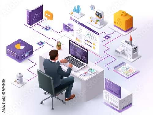 AI integration and workflow automation concept. professional managing data systems on laptop and tablet with virtual chatbot, analytics dashboard, and digital process flow interface