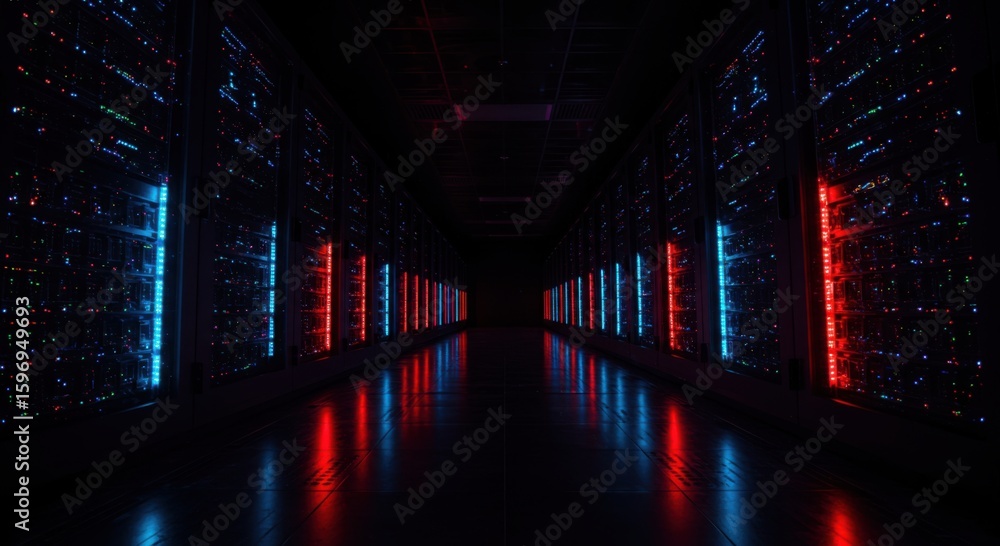 Fototapeta premium Futuristic neon corridor with red and blue lights reflecting on a wet surface