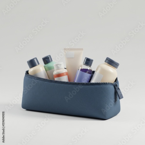 Blue Toiletry Bag with Various Cosmetics and Toiletries