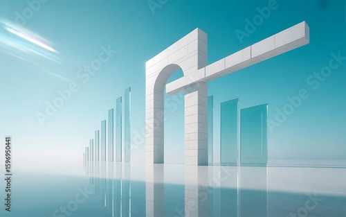 Modern architectural archway with reflective surface and futuristic skyscraper silhouettes against a bright sky