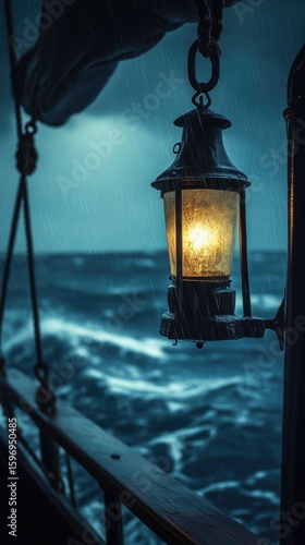 Rain lashed lantern glows bright, stormy sea.