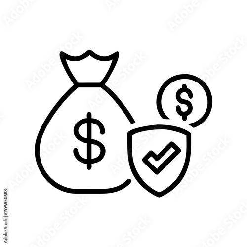 Money bag with dollar sign next to a coin and shield with a checkmark displayed nicely here