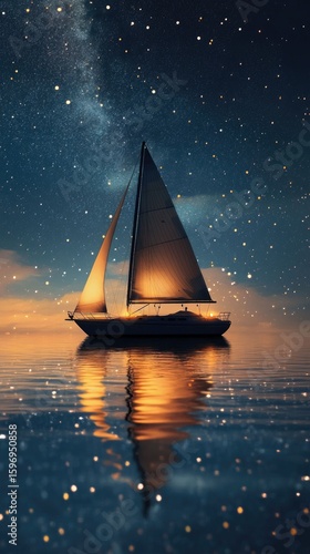 Sailboat glides tranquil waters under starry sky.