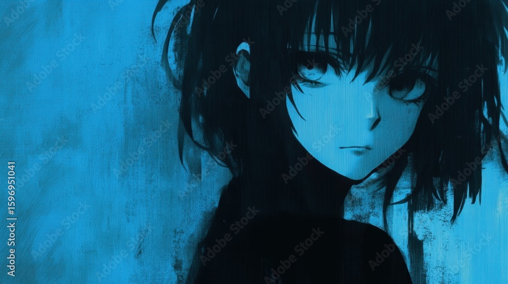 Fototapeta premium Silhouette of a melancholic girl in muted blues.