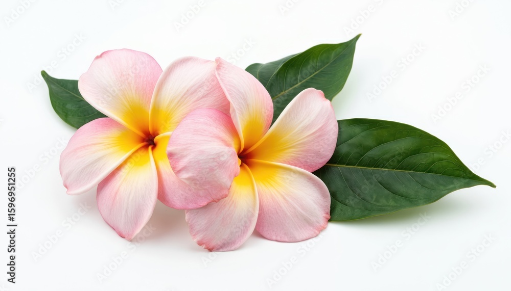 Fototapeta premium Two vibrant plumeria flowers with delicate pink, yellow petals accompanied by deep green leaves on clean white background. Isolated tropical botanical subject features natural beauty, floral design.