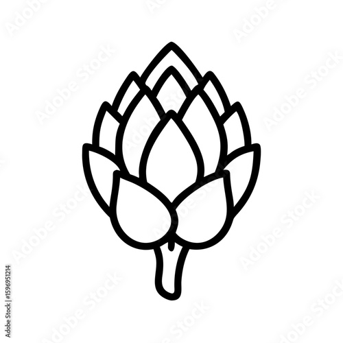 Simple line drawing of a single artichoke with overlapping leaves and a short stem shape design element