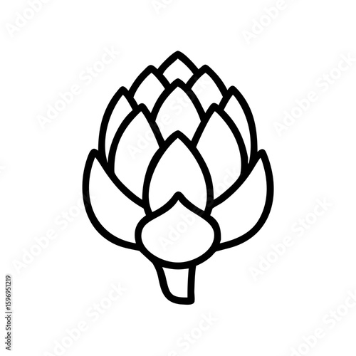 Simple graphic showing a single artichoke with a bold outline on a plain white background design element