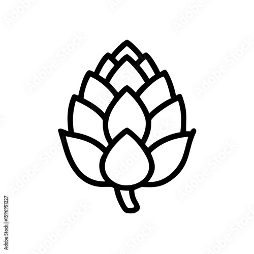 Simple graphic showing a stylized hop cone with a thick outline on a plain white background design element