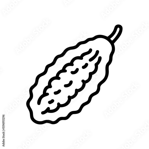 Single bitter melon with bumpy texture and stem in a simple outline style drawing on white background