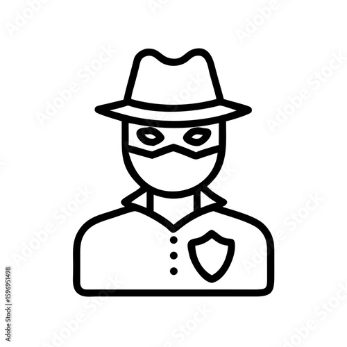 Person wearing a hat and mask with a badge on their shirt in a simple outlined graphic style