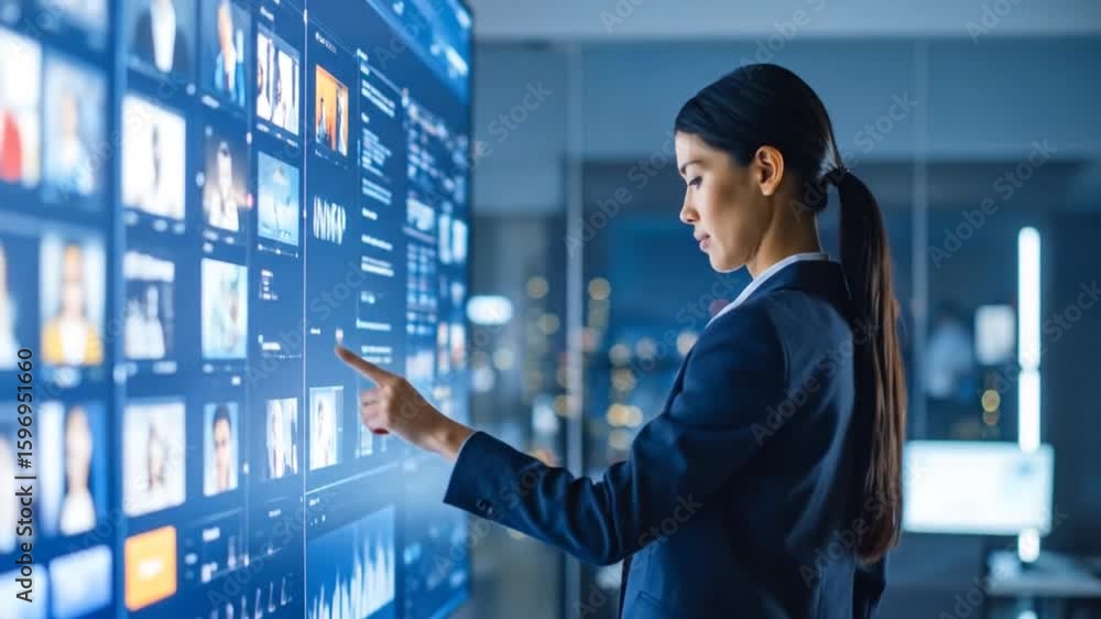 Businesswoman Interacting with Interactive Wall Display Businesswoman Interacting with Interactive Wall Display