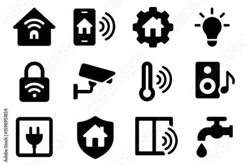 Smart home technology icons set with wireless connectivity and security elements