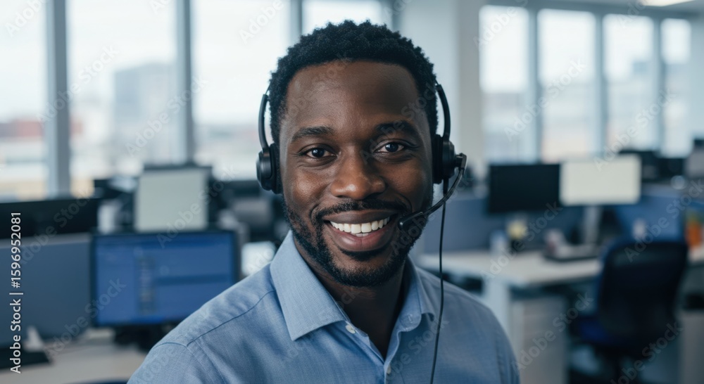 Obraz premium Smiling african american man wearing headset in modern office environment ready to assist