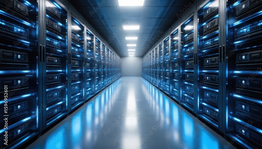 Obraz premium Modern server room filled with racks of glowing blue servers. This high-tech data center represents digital infrastructure, advanced technology, and secure data storage solutions.