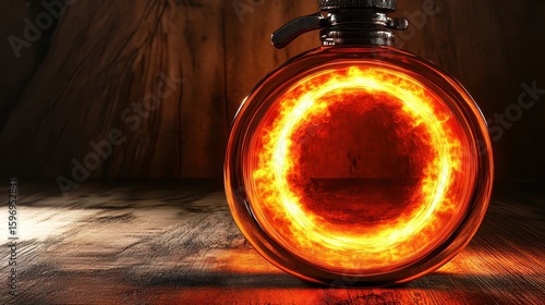 Captivating Fiery Glow in Glass Bottle on Wooden Surface Background
