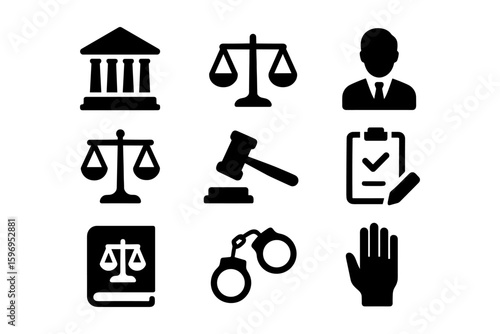 Justice system icons: court, law, and legal tools in black silhouette style