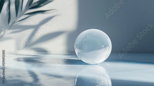 Clear Glass Sphere on Soft Blue Surface with Natural Light Shadows