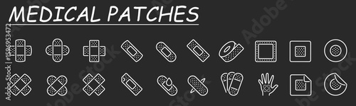 Vector icons medical bandage. Adhesive tape for treatment of light skin cuts, postoperative sutures. Band-aid for skin injuries and wounds. Thin line black set. Stock illustration.