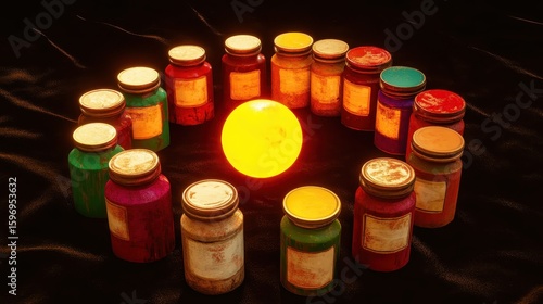 Colorful Jars Arranged in a Circle Around a Bright Yellow Sphere