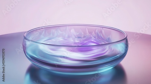 Colorful Liquid Swirls in Glass Bowl Against Soft Gradient Background