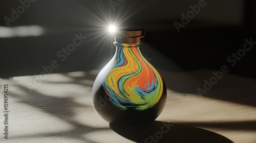 Colorful Swirling Glass Bottle with Light Reflection and Shadow Play