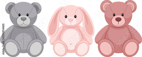 Three plush toys arranged side by side including two bears and a bunny on a white background