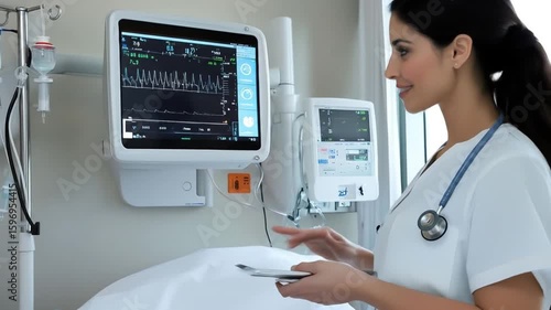 A smiling nurse in a white uniform checks a patients vital signs on a medical monitor in a hospital room