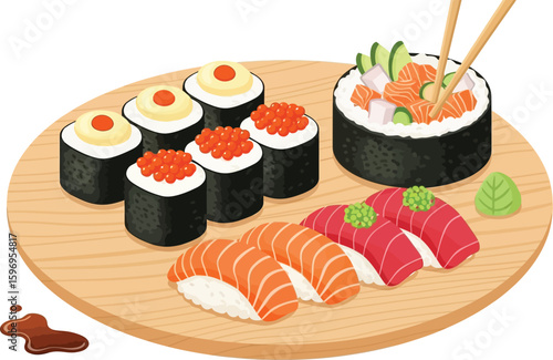 An illustration of various types of sushi arranged on a round wooden board with chopsticks
