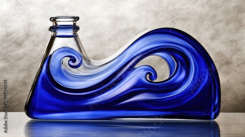 Elegant Glass Bottle with Fluid Wave Design in Deep Blue Color