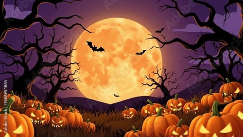 Orange moon Halloween scene jackolanterns silhouettes of trees and bats