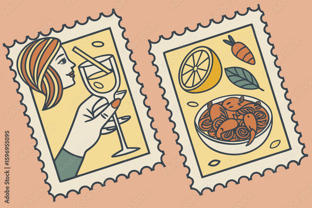 Obraz premium Italian style vacation hand drawn post stamps in doodle sketch style. Summer Italy holidays elements for poster, placard or postcard prints. Italian Amalfi Sicily beach vector illustration patterns. 