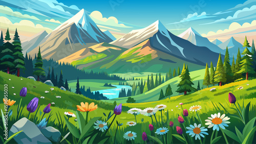 Idyllic mountain landscape with fresh green meadows and blooming wildflowers. Idyllic nature countryside view, rural outdoor natural view. idyllic banner nature, panoramic spring summer 