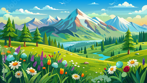 Idyllic mountain landscape with fresh green meadows and blooming wildflowers. Idyllic nature countryside view, rural outdoor natural view. idyllic banner nature, panoramic spring summer 