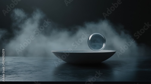 Ethereal Glass Sphere Hovering Above a Minimalist White Dish
