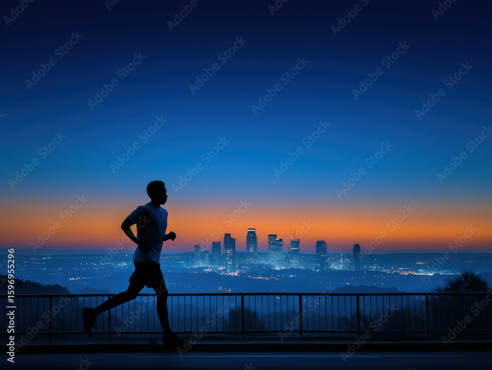 Fototapeta premium African American man jogging at dawn, silhouetted against a vibrant skyline, showcasing a healthy lifestyle and urban fitness in a serene morning atmosphere