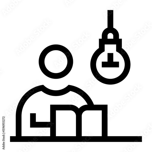 Icono de aprendizaje autodidacta. Estudio independiente, desarrollo personal y motivación. Persona leyendo un libro con bombilla encima. Ilustración vectorial
